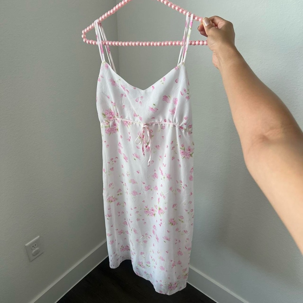 pink and white floral midi dress